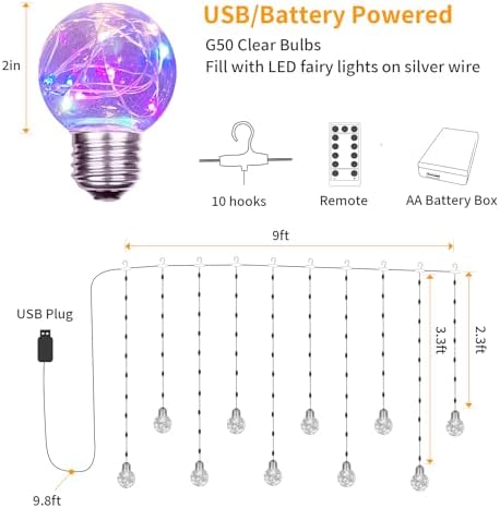 Wishing Ball Curtain Lights 200 LED Window Curtain String Light with Remote, USB Battery Powered Twinkle Globe, alternate