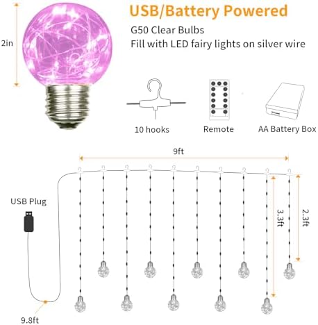 Wishing Ball Curtain Lights 200 LED Window Curtain String Light with Remote, USB Battery Powered Twinkle Globe, alternate