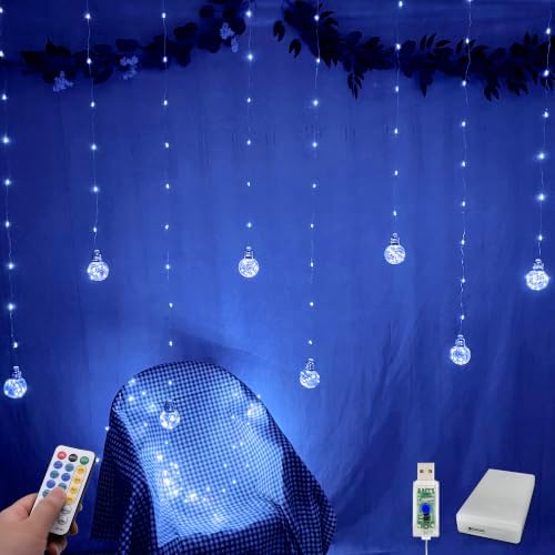 Wishing Ball Curtain Lights 200 LED Window Curtain String Lights with Remote, USB Battery Powered Twinkle Globe