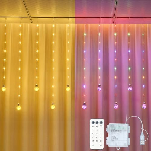 Wishing Ball Curtain Lights Battery Operated, 10ft x 3.3ft Warm White & Multicolor Fairy String Lights Curtain