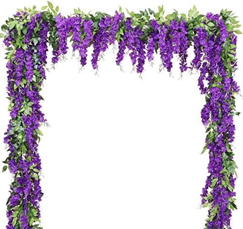 Wisteria Artificial Flowers Garland, 2Pcs Total 14.4ft Silk Faux Wisteria Vine Kit, Hanging Flower Plant for
