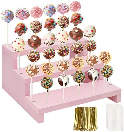 Wood Cake Pop Stands, 3 Tier Lollipop Holders with Twist Ties Lollipop Sticks, Sucker Display Riser for Dessert