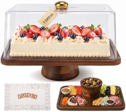 Wood Cake Stand Plate with Paper Doilies, Large Charcuterie Board with Lid in Rectangular