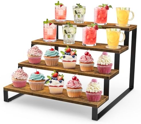 Wood Display Stand, 4 Tier Display Risers for Cupcake and Food in Brown