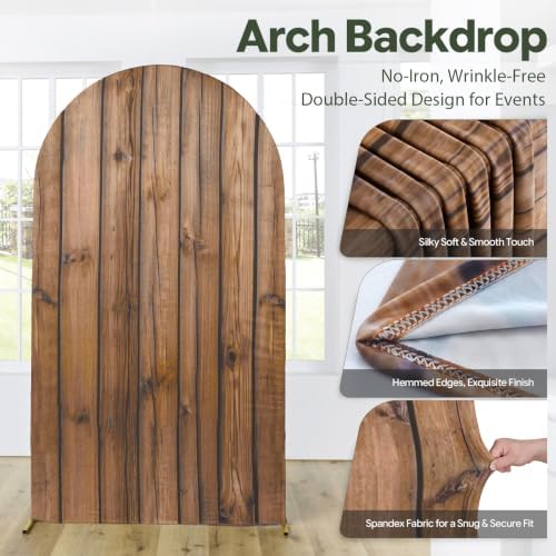 Wood Grain Arch Backdrop Cover Set, 7.2FT & 6FT Rustic Wooden Look Spandex Arch Covers for Wedding, Birthday, alternate view