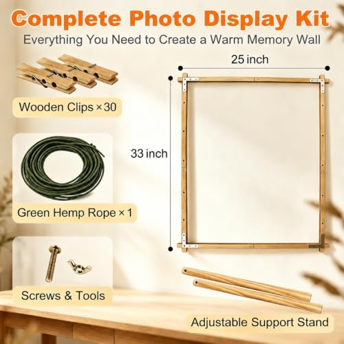 Wood Photo Display Board with Clips 25 x 33, Freestanding Tabletop Collage Picture Frame, Stable Stand for 2026, alternate