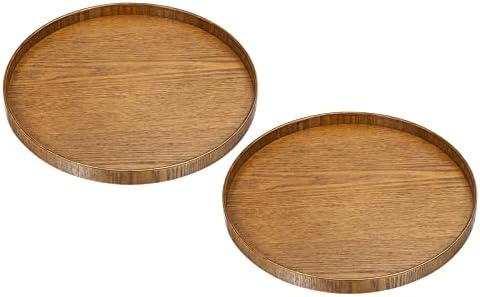 Wood Serving Tray 12 Inch, 2 Pack Round Decorative Platter for Home Decor Kitchen Table Candle Holder, Brown in