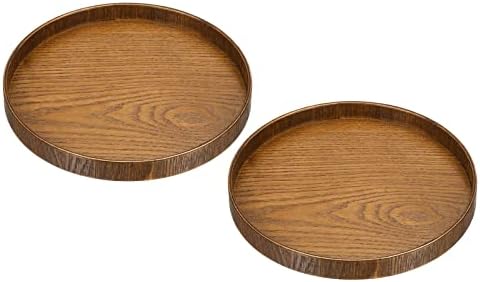 Wood Serving Tray 8 Inch, 2 Pack Round Decorative Platter for Home Decor Kitchen Table Candle Holder, Brown in 3