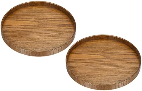 Wood Serving Tray 9 Inch, 2 Pack Round Decorative Platter for Home Decor Kitchen Table Candle Holder, Brown in 3