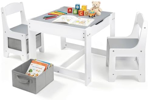 Wood Toddler Table and Chair Set, Kids Activity Desk, White Gray