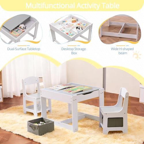 Wood Toddler Table and Chair Set, Kids Activity Desk, White Gray, alternate view 3