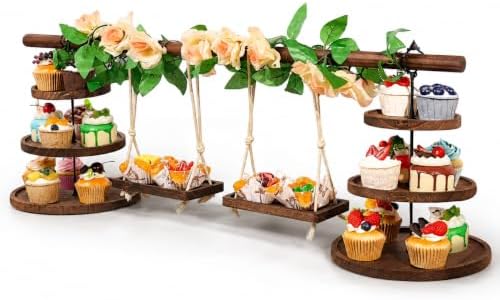 Wooden 3 Tier Cupcake Dessert Table Display Stand with Swing & Flower Decor in Round Tray