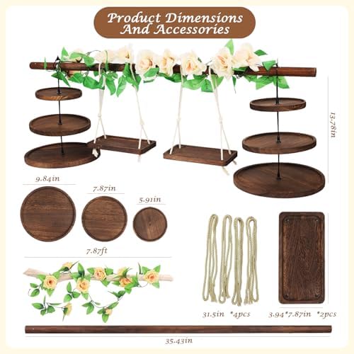 Wooden 3 Tier Cupcake Dessert Table Display Stand with Swing & Flower Decor in Round Tray, alternate view 3