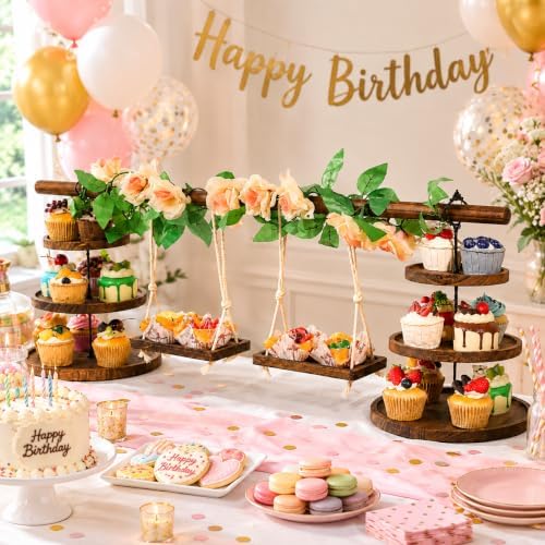 Wooden 3 Tier Cupcake Dessert Table Display Stand with Swing, Larger in Round Tray - Larger, alternate view 6