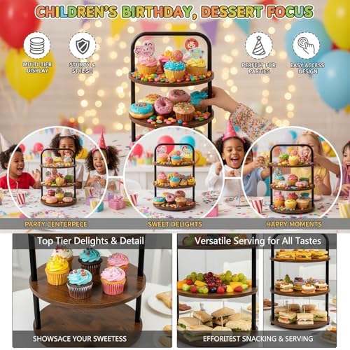 Wooden 3-Tier Cupcake Stand for 50 Cupcakes - Round Tiered Dessert Display & Serving Tray Set for Wedding, alternate view 6