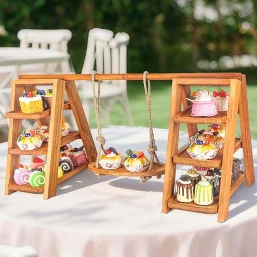 Wooden 3 Tier Cupcake Stand, Rustic Cupcake Display Stand for Dessert Table, Foldable Serving Tray Tower for, alternate view