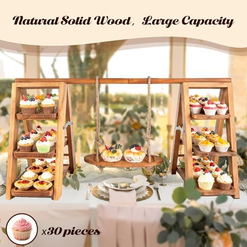 Wooden 3 Tier Cupcake Stand, Rustic Cupcake Display Stand for Dessert Table, Foldable Serving Tray Tower for, alternate view
