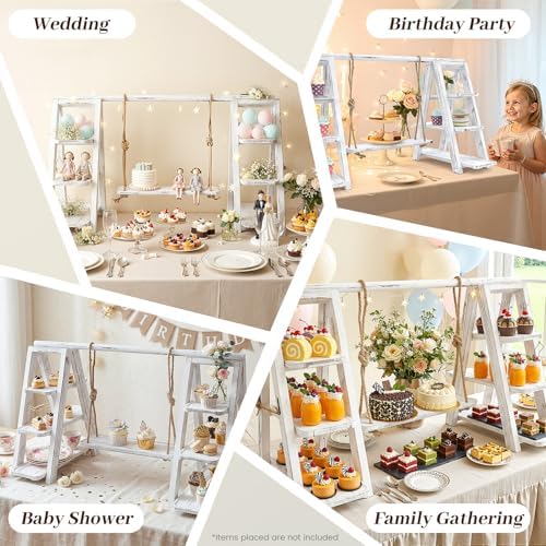 Wooden 3 Tier Cupcake Stand, Rustic Folding Dessert Display Ladder with Swing Tray & Flower Decoration, alternate view 5