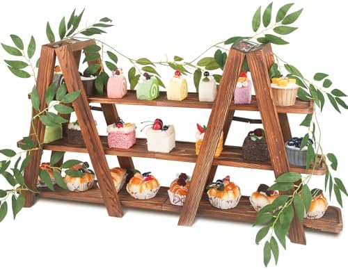 Wooden 3-Tier Cupcake Stand with Removable Trays & Vine Decoration - Foldable Party Display Serving Ladder with