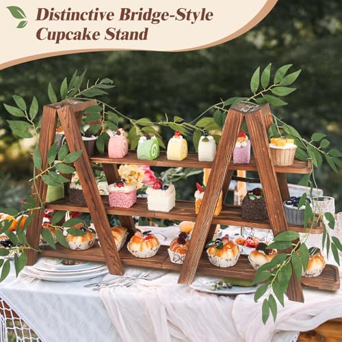 Wooden 3-Tier Cupcake Stand with Removable Trays & Vine Decoration - Foldable Party Display Serving Ladder with, alternate