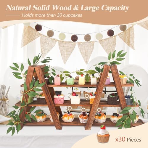 Wooden 3-Tier Cupcake Stand with Removable Trays & Vine Decoration - Foldable Party Display Serving Ladder with, alternate