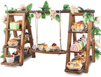 Wooden 3 Tier Cupcake Stand with Swing and Flower Decoration Serving Removable Tray Display Serving Ladder