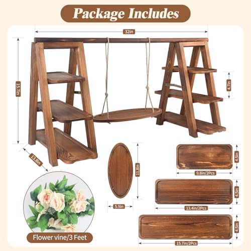 Wooden 3 Tier Cupcake Stand with Swing and Flower Decoration Serving Removable Tray Display Serving Ladder, alternate view 2