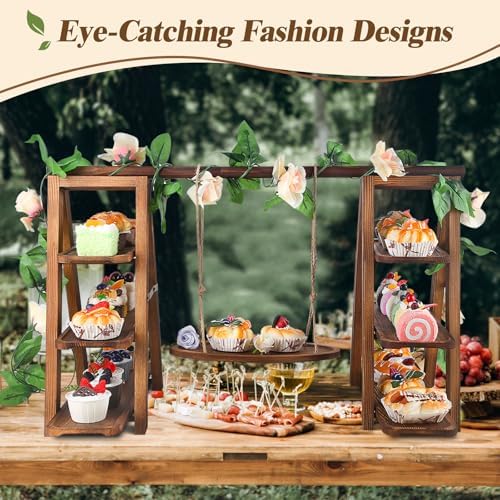 Wooden 3 Tier Cupcake Stand with Swing and Flower Decoration Serving Removable Tray Display Serving Ladder, alternate view 3