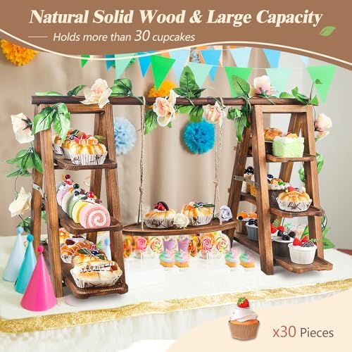 Wooden 3 Tier Cupcake Stand with Swing and Flower Decoration Serving Removable Tray Display Serving Ladder, alternate view 4