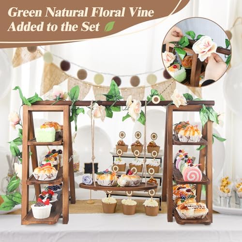 Wooden 3 Tier Cupcake Stand with Swing and Flower Decoration Serving Removable Tray Display Serving Ladder, alternate view 6