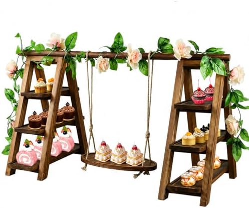 Wooden 3 Tier Cupcake Stand with Swing and Flower Decoration Serving Removable Tray Display Serving Ladder