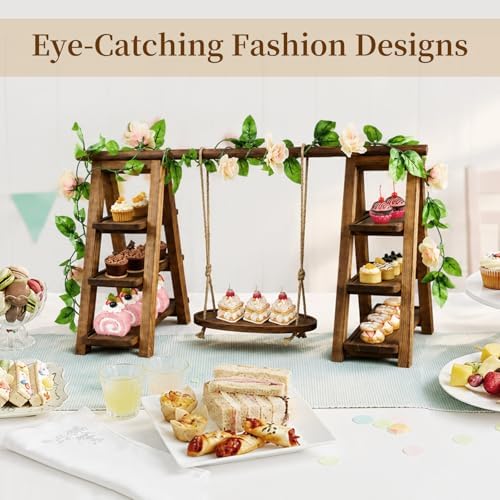 Wooden 3 Tier Cupcake Stand with Swing and Flower Decoration Serving Removable Tray Display Serving Ladder, alternate view 6