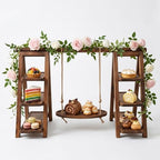 Wooden 3 Tier Cupcake Stand with Swing, Rustic Burnt Wood Multi-Tier Cupcake Holder with Hanging Swing Tray