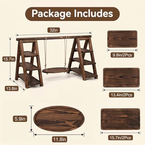 Wooden 3 Tier Cupcake Stand with Swing, Rustic Burnt Wood Multi-Tier Cupcake Holder with Hanging Swing Tray, alternate view 2