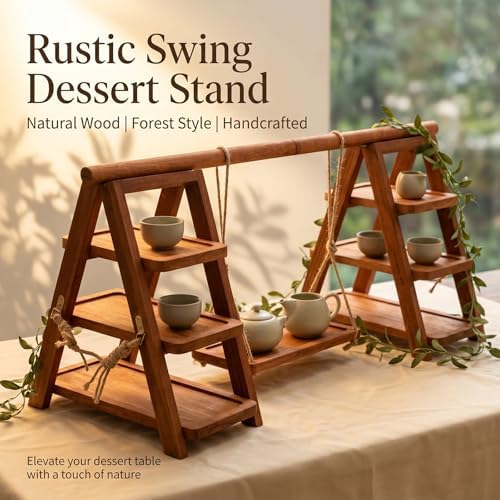Wooden 3 Tier Cupcake Stand with Swing, Rustic Burnt Wood Multi-Tier Cupcake Holder with Hanging Swing Tray, alternate view 4