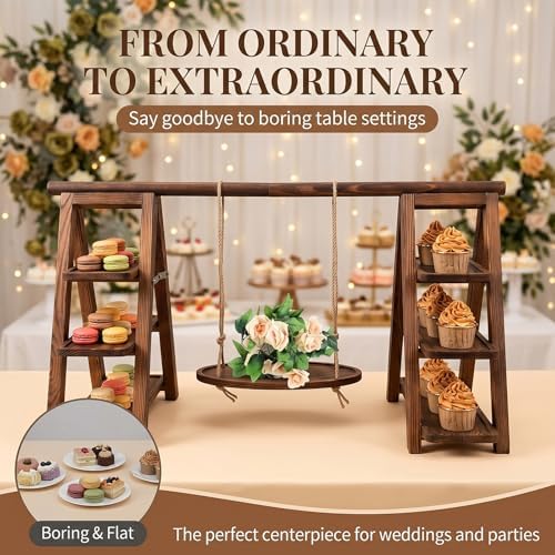 Wooden 3 Tier Cupcake Stand with Swing, Rustic Burnt Wood Multi-Tier Cupcake Holder with Hanging Swing Tray, alternate view 5