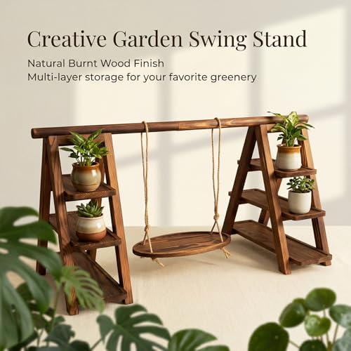 Wooden 3 Tier Cupcake Stand with Swing, Rustic Burnt Wood Multi-Tier Cupcake Holder with Hanging Swing Tray, alternate view 7
