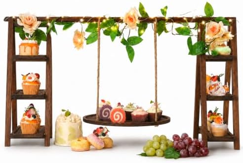 Wooden 3 Tier Cupcake Stand with Swing, String Lights, Rose Vine Decor in Rectangular Tray