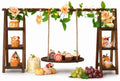 Wooden 3 Tier Cupcake Stand with Swing, String Lights, Rose Vine Decor in Rectangular Tray