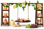 Wooden 3 Tier Cupcake Stand with Swing, String Lights, Rose Vine Decor in Rectangular Tray