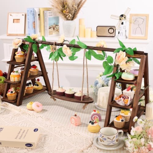 Wooden 3 Tier Cupcake Stand with Swing, String Lights, Rose Vine Decor in Rectangular Tray, alternate view 2