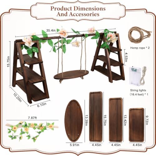 Wooden 3 Tier Cupcake Stand with Swing, String Lights, Rose Vine Decor in Rectangular Tray, alternate view 3