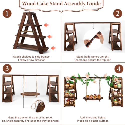 Wooden 3 Tier Cupcake Stand with Swing, String Lights, Rose Vine Decor in Rectangular Tray, alternate view 4