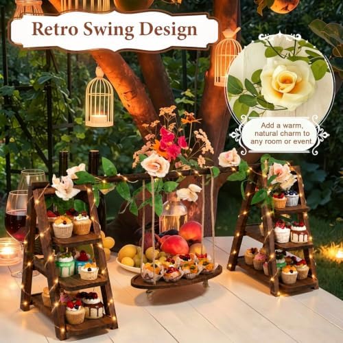 Wooden 3 Tier Cupcake Stand with Swing, String Lights, Rose Vine Decor in Rectangular Tray, alternate view 6