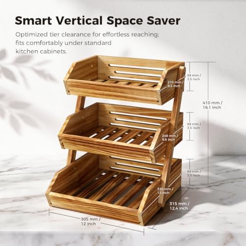 Wooden 3 Tier Fruit Basket, Brown, Pine Wood, Sturdy, Self-assembly in Pine Wood, alternate view 2