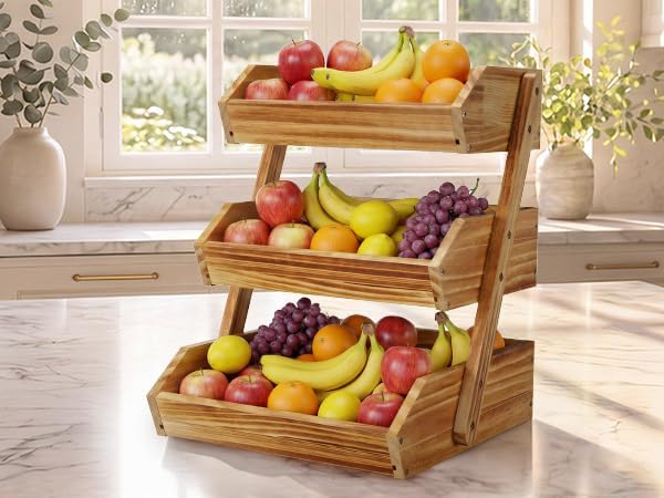 Wooden 3 Tier Fruit Basket, Brown, Pine Wood, Sturdy, Self-assembly in Pine Wood, alternate view 6