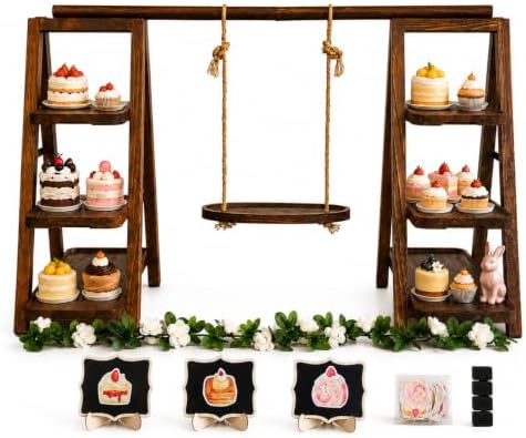 Wooden 3 Tier Swing Cupcake Stand, Dessert Display Extra-Wide for Party in Brown