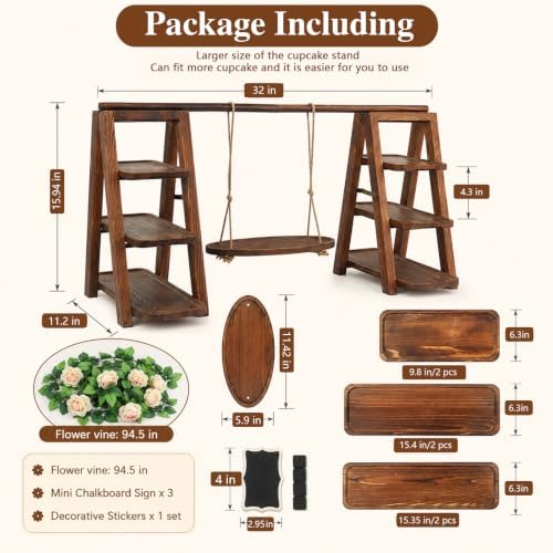 Wooden 3 Tier Swing Cupcake Stand, Dessert Display Extra-Wide for Party in Brown, alternate view 2
