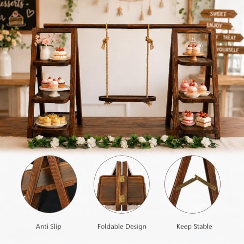 Wooden 3 Tier Swing Cupcake Stand, Dessert Display Extra-Wide for Party in Brown, alternate view 4