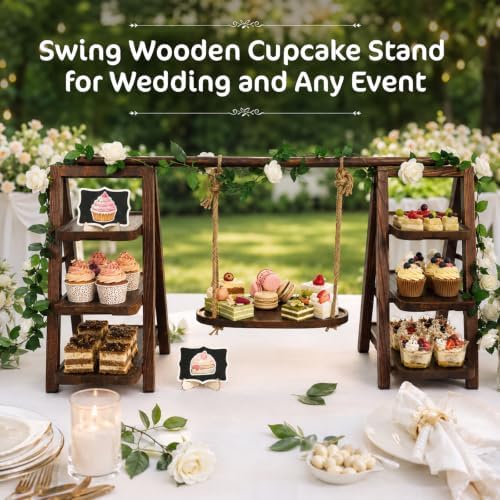 Wooden 3 Tier Swing Cupcake Stand, Dessert Display Extra-Wide for Party in Brown, alternate view 5